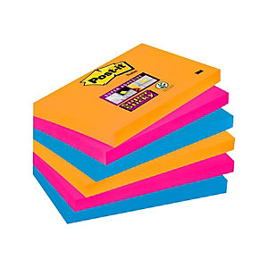 Post-it® Super Sticky, Foglietti Riposizionabili, Blocchi 76 x 127 mm, Colori Assortiti Collezione Bangkok, 90 foglietti, Confezione da 6 pezzi