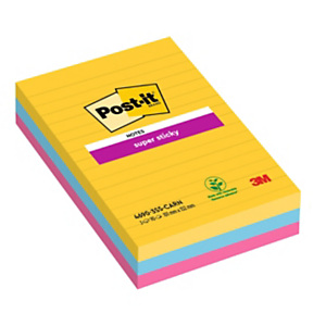 Post-it® Super Sticky Foglietti riposizionabili a righe, 101 x 152 mm, Blocchetti da 90 foglietti, Colori Carnival (confezione 3 pezzi) Post-it® Super Sticky Foglietti riposizionabili a righe, 101 x 152 mm, Blocchetti da 90 foglietti, Colori Carnival (confezione 3 pezzi)