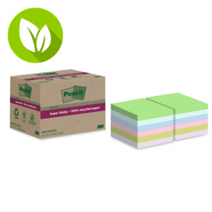 Post-it® Super Sticky Notas adhesivas 100% recicladas, bloques 76 x 76 mm, colores surtidos, 70 hojas