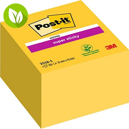 Post-it® Super Sticky Notas Adhesivas Cubo 76 x 76 mm, Amarillo, 350 hojas - 1