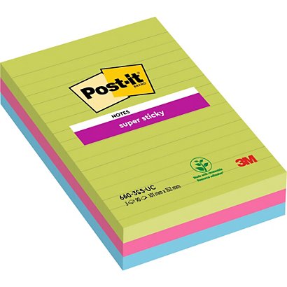 Post-it® Super Sticky Notas Adhesivas Rayadas, 102 x 152 mm, Colores Surtidos, 90 hojas - 1