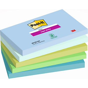 Post-it Super Sticky Notes repositionnables Oasis 76 x 127 mm coloris assortis - 5 blocs de 90 feuilles