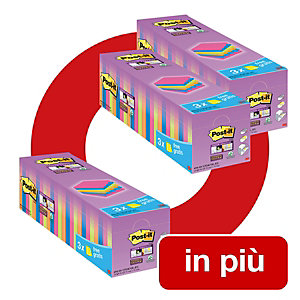 Post-it® Super Sticky Offerta 2 confezioni Value Pack da 24 blocchetti di foglietti riposizionabili, 76 x 76 mm, Colori Assortiti Neon + 1 confezione compresa nel prezzo