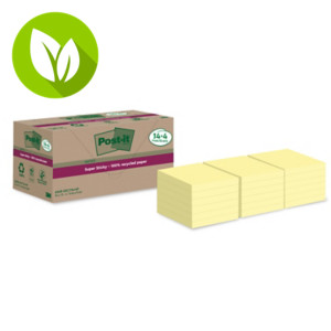 Post-it® Super Sticky Pack Ahorro 14 + 4 GRATIS Notas adhesivas 100% recicladas, bloques 76 x 76 mm, amarillo, 70 hojas