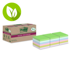 Post-it® Super Sticky Pack Ahorro 14 + 4 GRATIS Notas adhesivas 100% recicladas, bloques 76 x 76 mm, colores surtidos, 70 hojas