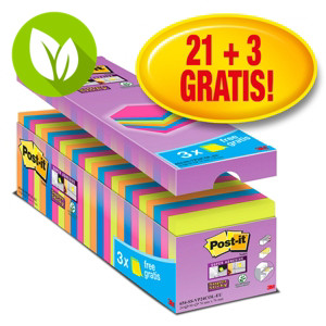 Post-it® Super Sticky Pack Ahorro 21+3 GRATIS, bloques notas Bloc de notas, 76 x 76 mm, colores variados, 90 hojas