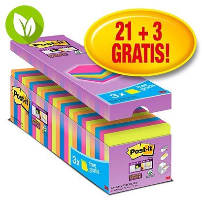 Post-it® Super Sticky Pack Ahorro 21+3 GRATIS, bloques notas Bloc de notas, 76 x 76 mm, colores variados, 90 hojas - 1