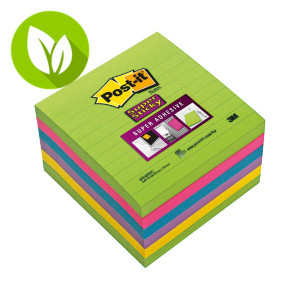 Post-it® Super Sticky Ruled Bloc de notas 100 x 100 mm colores variados, pack de 6, 90 hojas