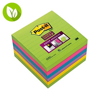 Post-it® Super Sticky Ruled Bloc de notas 100 x 100 mm colores variados, pack de 6, 90 hojas - 1