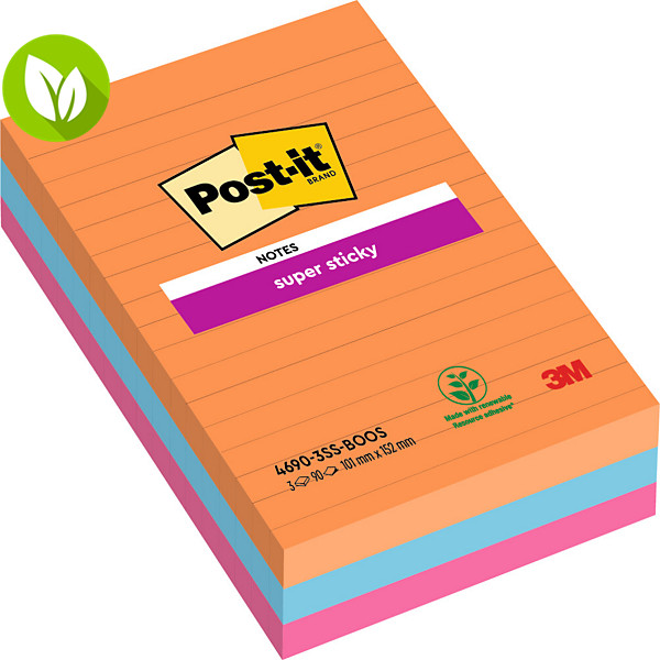 Post-it® Super Sticky Ruled Notes Bloc de notas 101 x 152 mm, Colores Surtidos Neón, 90 hojas - 1