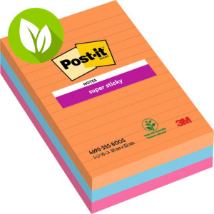 Post-it® Super Sticky Ruled Notes Bloc de notas 101 x 152 mm, Colores Surtidos Neón, 90 hojas