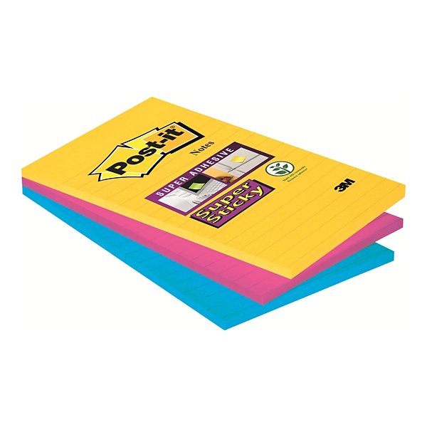 Post-it® Super Sticky Ruled Notes Bloques 101 x 152 mm, colores intensos, 90 hojas - 3