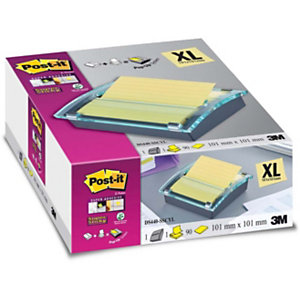Post-it® Super Sticky Z-Notes Dispensador de sobremesa, negro/transparente + Super Sticky Ruled Z-Notes Bloc de notas 101 x 101 mm, color Canary Yellow™, 90 hojas.