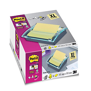 Post-it® Super Sticky Z-Notes Dispensador de sobremesa, negro/transparente + Super Sticky Ruled Z-Notes Bloc de notas 101 x 101 mm, color Canary Yellow™, 90 hojas.
