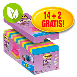 Post-it® Super Sticky Z-Notes Pack Ahorro 14 + 2 GRATIS, bloques notas adhesivas Z- Notas 76 x 76 mm, Colección Río de Janeiro, 90 hojas