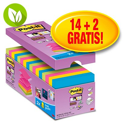 Post-it® Super Sticky Z-Notes Pack Ahorro 14 + 2 GRATIS, bloques notas adhesivas Z- Notas 76 x 76 mm, Colección Río de Janeiro, 90 hojas - 1