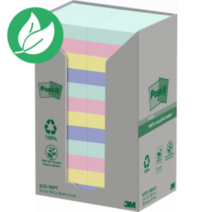 Post-it Tour de notes repositionnables Nature recyclés 48 x 48 mm coloris assorties - 24 blocs de 100 feuilles