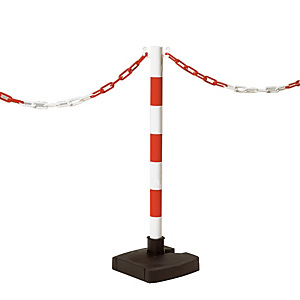 Poteau rabattable sur socle rouge et blanc Poteau rabattable sur socle rouge et blanc