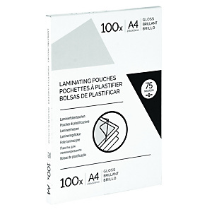 Pouches per plastificatrice, A4, Finitura lucida e retro adesivo, 2 x 75 micron Pouches per plastificatrice, A4, Finitura lucida e retro adesivo, 2 x 75 micron