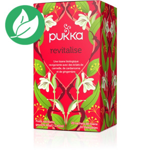 pukka Infusion biologique et équitable Revitalise, cannelle, gingembre, clou de girofle, cardamome, orange, menthe verte, thé vert, boîte de 20 sachets emballés individuellement pukka Infusion biologique et équitable Revitalise, cannelle, gingembre, clou de girofle, cardamome, orange, menthe verte, thé vert, boîte de 20 sachets emballés individuellement