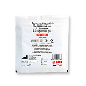 PVS Compressa di garza sterile a 8 pieghe, Cotone, 10 x 10 cm, Bianco (confezione 10 pezzi) PVS Compressa di garza sterile a 8 pieghe, Cotone, 10 x 10 cm, Bianco (confezione 10 pezzi)