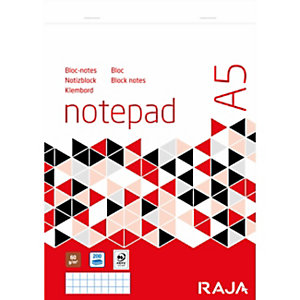 Lot de 5 - RAJA Bloc notes agrafé A5 14,8 x 21 cm - 60g - Petits carreaux 5x5 - 100 feuilles
