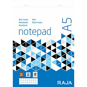 Lot de 5 - RAJA Bloc notes agrafé A5 14,8 x 21 cm - 70g - Petits carreaux 5x5 - 200 feuilles