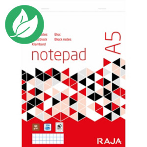 RAJA Bloc notes agrafé A5 (14,8 x 21 cm) petits carreaux 5x5 – 100 feuilles 60 g/m² RAJA Bloc notes agrafé A5 (14,8 x 21 cm) petits carreaux 5x5 – 100 feuilles 60 g/m²