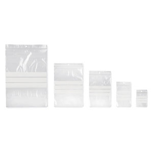 RAJA Bolsa de plástico transparente con banda blanca y cierre zip, 10 x 15 cm (ancho x alto)