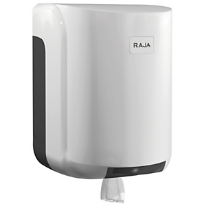 RAJA Dispensador de rollos de papel grandes con salida central de plástico ABS blanco con bloqueo de 310 x 220 x 220 mm RAJA Dispensador de rollos de papel grandes con salida central de plástico ABS blanco con bloqueo de 310 x 220 x 220 mm