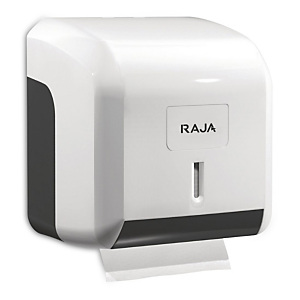 RAJA Dispensador de rollos de papel higiénico de plástico ABS blanco con bloqueo de 145 x 137 x 122 mm RAJA Dispensador de rollos de papel higiénico de plástico ABS blanco con bloqueo de 145 x 137 x 122 mm