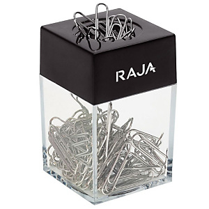 RAJA Distributeur de trombones transparent avec couvercle aimanté noir et 100 trombones RAJA Distributeur de trombones transparent avec couvercle aimanté noir et 100 trombones