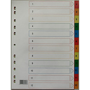 RAJA Divisorio numerico A4, 12 tasti numerati 1-12, Polipropilene, Pagina indice e scomparti in colori assortiti