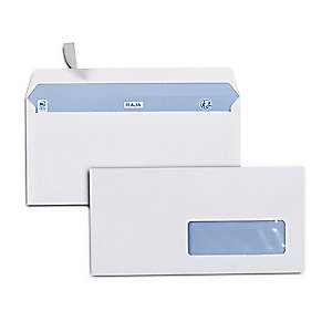 RAJA Enveloppe blanche Premium DL 110 x 220 mm 90g avec fenêtre 35 x 100 mm fermeture bande auto-adhésive - Boîte de 500