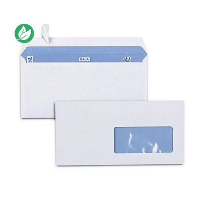 RAJA Enveloppe blanche Premium DL 110 x 220 mm 90g fenêtre 45 x 100 mm - autocollante bande protectrice - Lot de 500