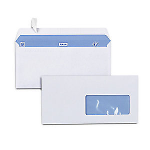 RAJA Enveloppe blanche Premium DL 110 x 220 mm100g avec fenêtre fermeture bande auto-adhésive - Boîte de 500