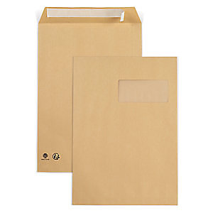 RAJA Enveloppe recyclée kraft brun C4 - 229 x 324 mm 90g avec fenêtre fermeture bande auto-adhésive - Boîte de 250
