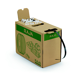 RAJA Feuillard de cerclage en Polypropylène recyclé bobine L.600 m Noir - En boîte distributrice avec 200 boucles plastique RAJA Feuillard de cerclage en Polypropylène recyclé bobine L.600 m Noir - En boîte distributrice avec 200 boucles plastique