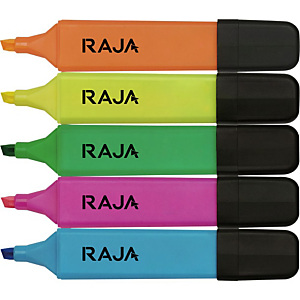 RAJA Hype! Marcador fluorescente, punta biselada, 1 mm-5 mm, Amarillo, Rosa, Verde, Naranja y Azul RAJA Hype! Marcador fluorescente, punta biselada, 1 mm-5 mm, Amarillo, Rosa, Verde, Naranja y Azul