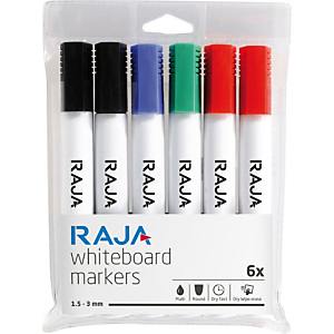 RAJA Marcatore per lavagna, Inchiostro non permanente, Punta tonda, 1,5 - 3 mm, Colori assortiti (confezione 6 pezzi) RAJA Marcatore per lavagna, Inchiostro non permanente, Punta tonda, 1,5 - 3 mm, Colori assortiti (confezione 6 pezzi)