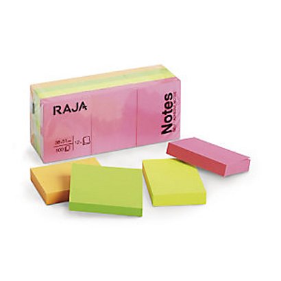 RAJA Notes repositionnables 38 x 51 mm - Coloris assortis Néon - Lot de 12 blocs de 100 feuilles