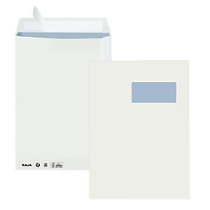 RAJA Pochette administrative recyclée blanche 229 x 324 mm 90g avec fenêtre 50 x 110 mm - Bande autoadhésive - Boîte de 250