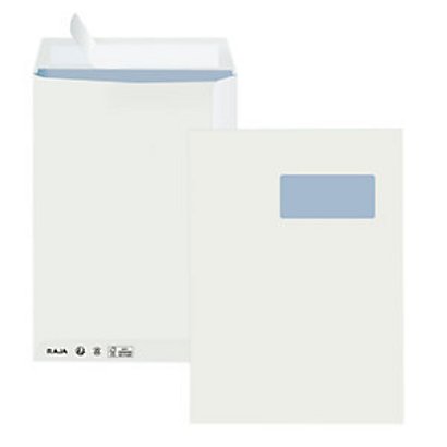 RAJA Pochette administrative recyclée blanche 229 x 324 mm 90g avec fenêtre 50 x 110 mm - Bande autoadhésive - Boîte de 250