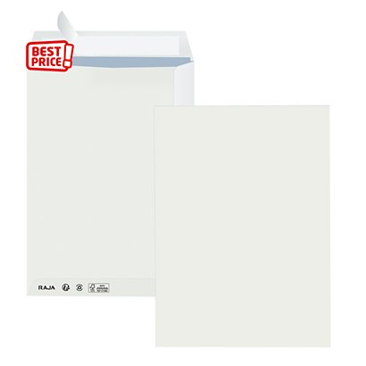RAJA Pochette blanche C4 229 x 324 mm 90g sans fenêtre - autocollante bande protectrice - Lot de 250