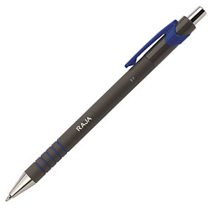 RAJA Postscript Bolígrafo retráctil de punta de bola, punta fina de 0,7 mm, cuerpo negro recubierto de goma negro, tinta azul