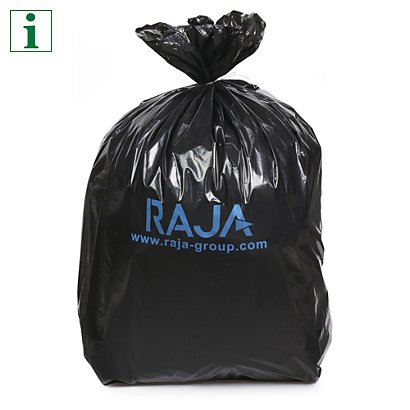 RAJA printed black refuse sacks, 70 litre, 1070x700mm, 45 micron, pack of 200