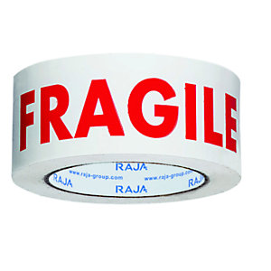 RAJA Ruban d'emballage imprimé ''Fragile'' en polypropylène 28 microns 50 mm x 100 m - Blanc texte rouge  - lot de 6
