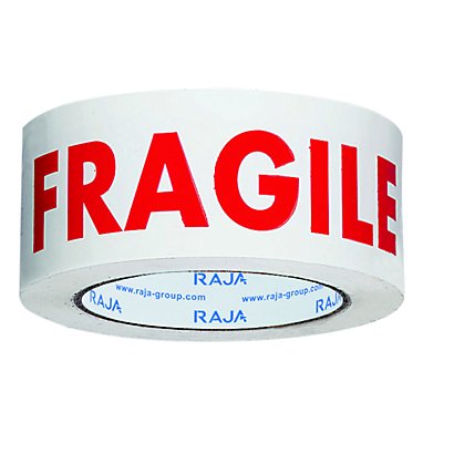 RAJA Ruban d'emballage imprimé ''Fragile'' en polypropylène 28 microns 50 mm x 100 m - Blanc texte rouge  - lot de 6