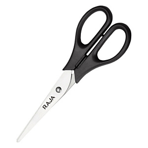 RAJA Tijeras de oficina, acero inox de punta aguda, mango asimétrico de plástico reciclado, 16,5 cm, negro