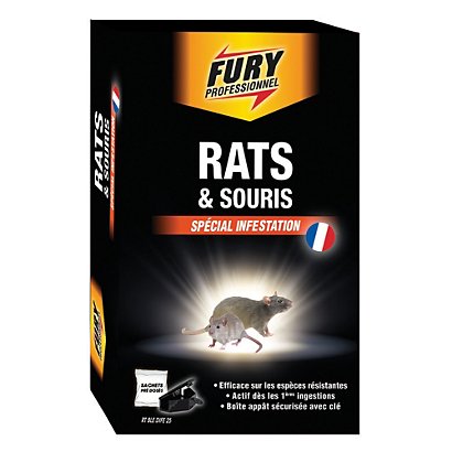 Raticide et souricide Fury, 7 sachets de 20g avec boite appât -  Insecticides, raticides, antinuisibles
